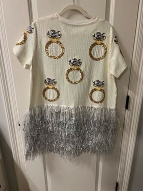 QUEEN OF SPARKLES Ivory Sequin Ring-Embellished Dress with Silver Fringe